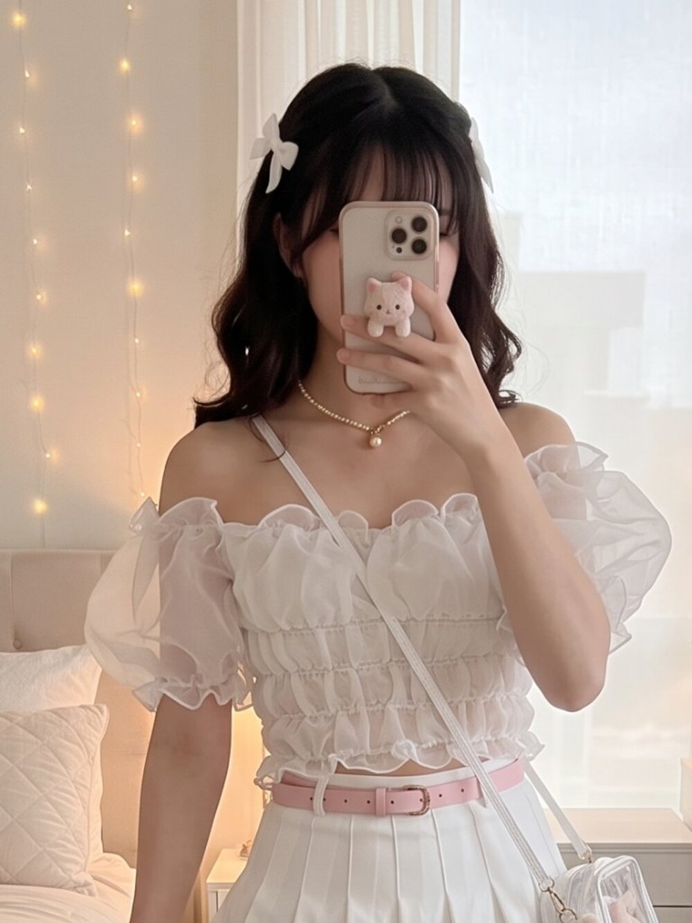 Sheer Ruffled Off-Shoulder Crop Top in Ivory